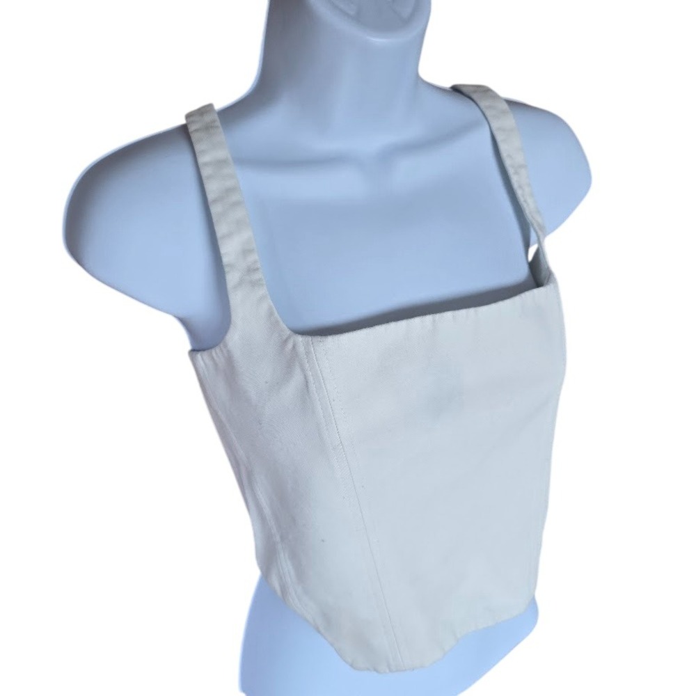 Scanlan Theodore‎ Corset Crop Top Women 4 Creme White Denim Square Neck Modern